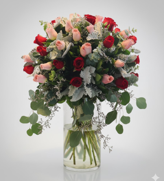 Arreglo de rosas y dolar en jarron de vidrio