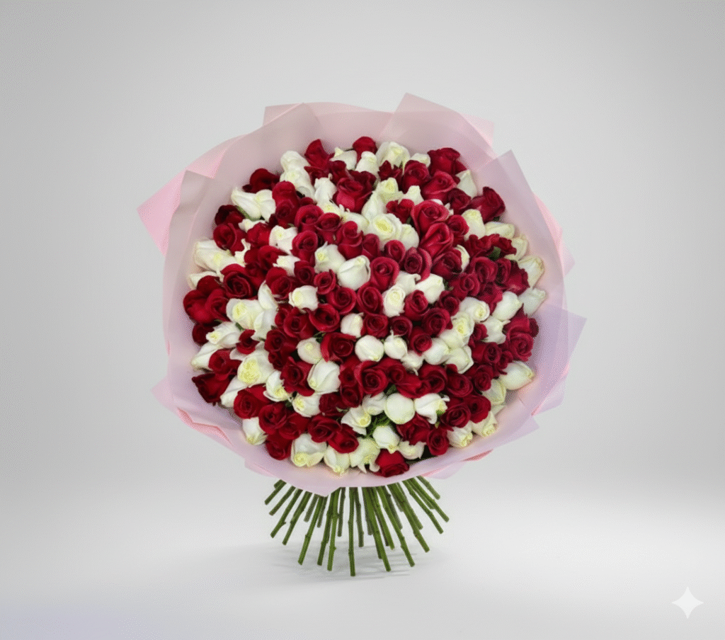 Ramo de rosas rojas y blancas