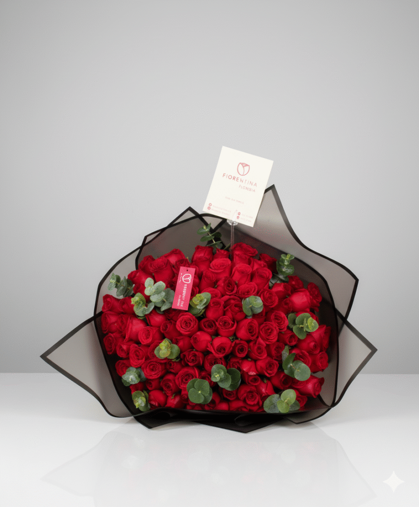 Ramo de rosa roja y eucalipto dolar