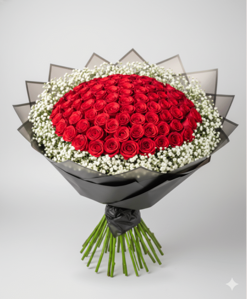 Ramo de 100 rosas rojas con gypsophilia blanca