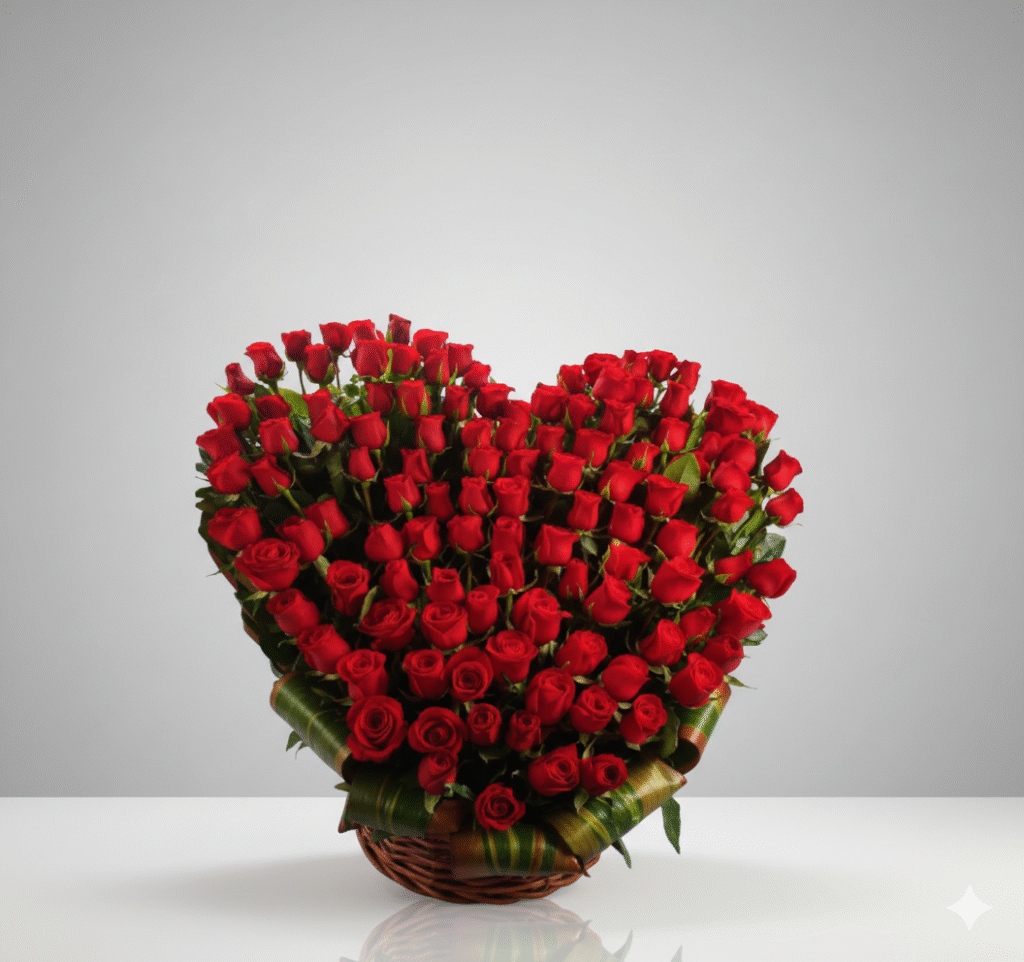 Arreglo de rosas rojas y hojas de lirio en forma de corazon