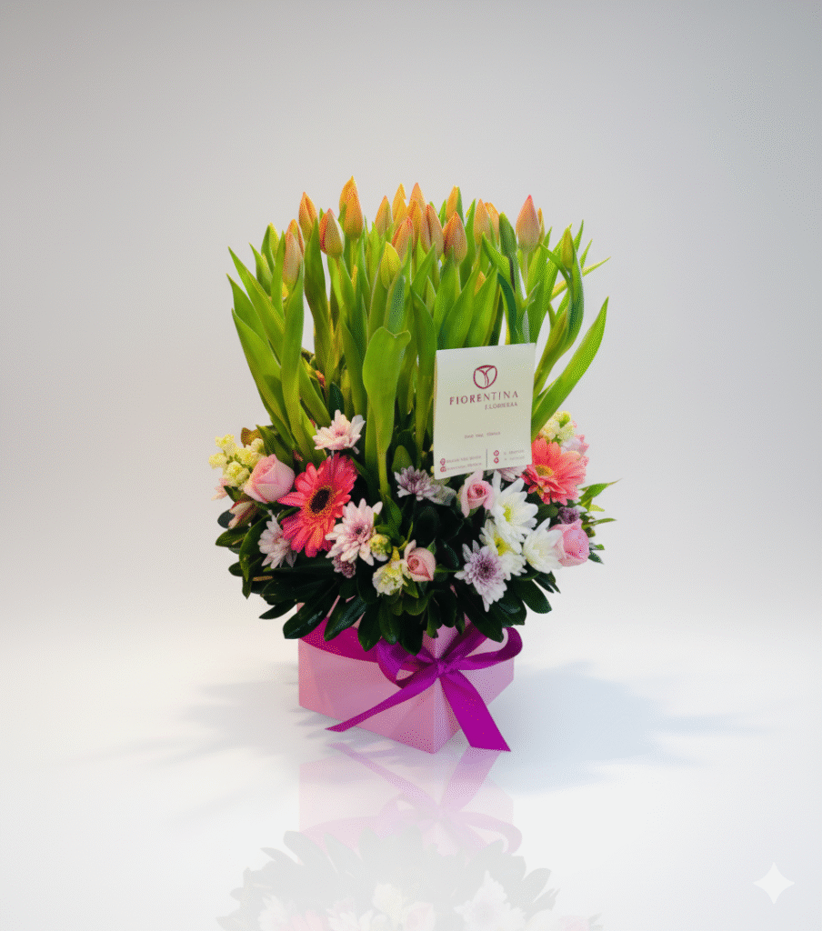 Arreglo de tulipanes, margaritas, rosas y gerberas