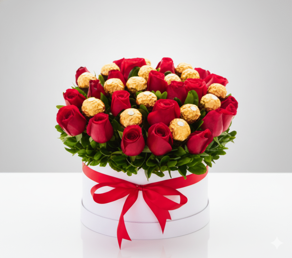 Arreglo de rosas rojas, chocolates y ruscus